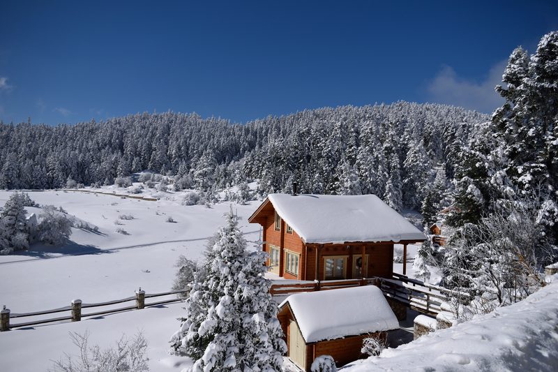 Snow-covered landscape at Parnassos Ski Resort with fir trees and mountain slopes under winter skies
