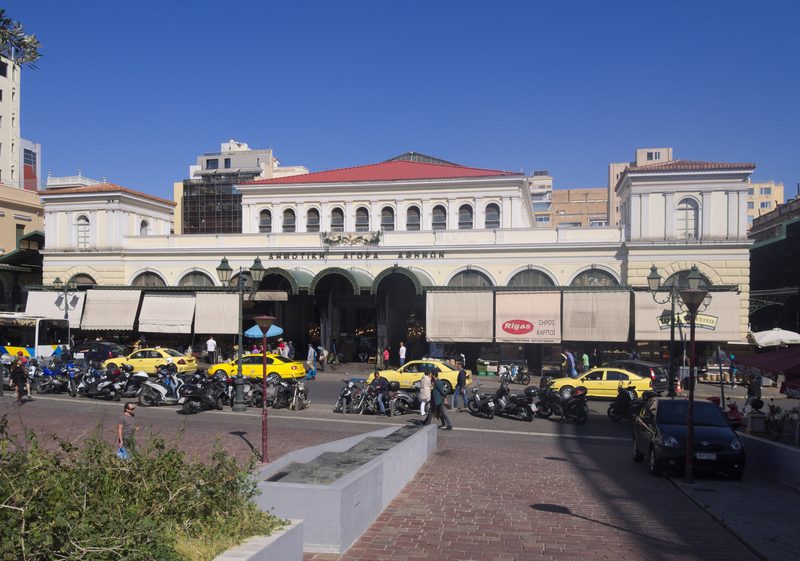 The neoclassical facade of the Athens Central Market (Varvakeios Agora) seen from the market square