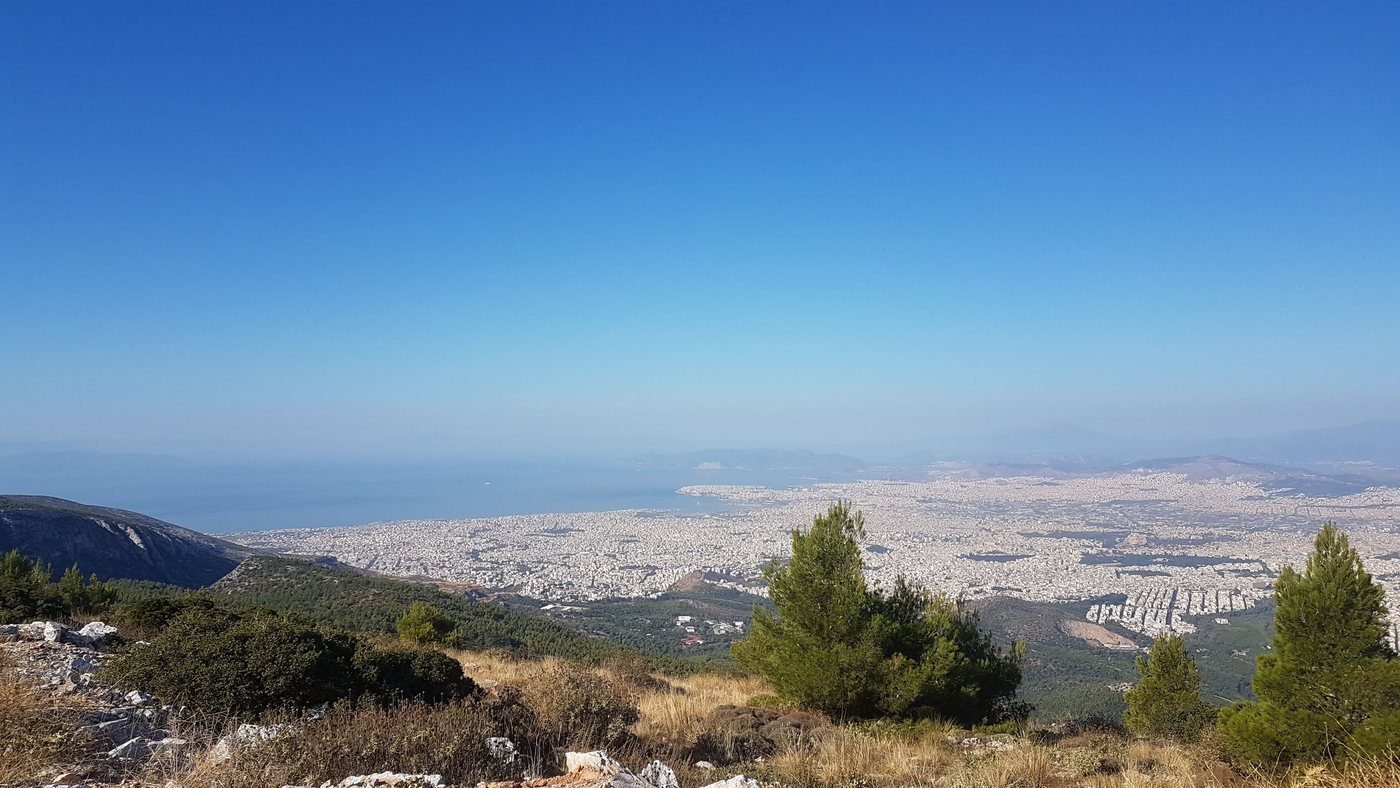 View from a pine ridge on Mount Hymettus over Athens, Piraeus and the Saronic Gulf